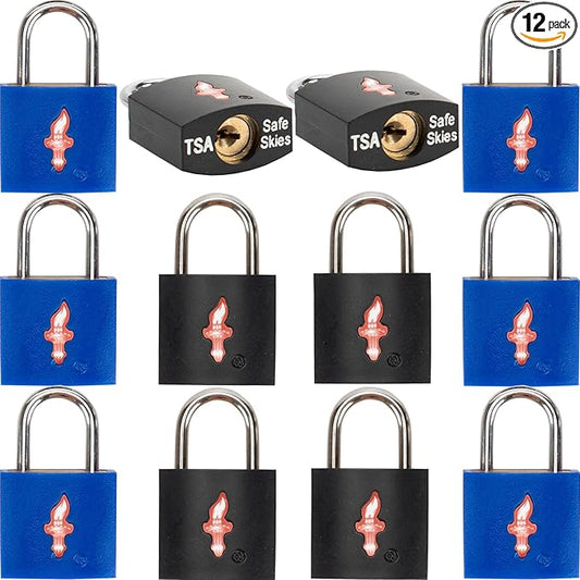 12 Pack Travel Lock, TSA Luggage Lock for Luggage, Suitcases & Gun Cases - Solid Brass Security Lock with Colored Shell (12 Colors: Black/Blue)