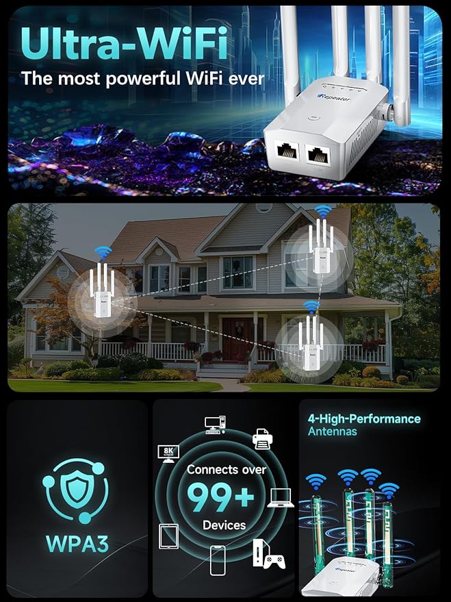 2025 New WiFi Extender Signal Booster, WiFi Repeater Wireless Routers Signal Amplifier with Ethernet Port, Mesh WiFi 10X Faster Access Point, Easy Setup