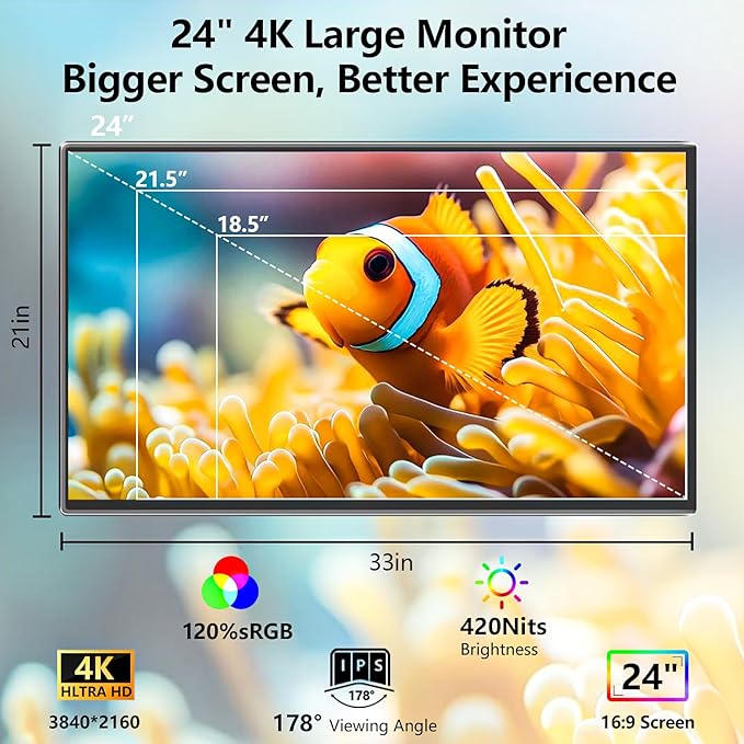 4K Large Portable Monitor 24“ Travel Monitor UHD 3840 * 2160 120% sRGB External Second Screen for Desktop Laptop Mini PC MacBook W/Stand VESA HDMI USB-C Gaming Display for PS5/Xbox (OS24-4K)