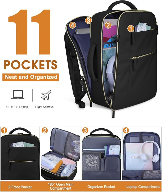 Capolo Travel Backpack for Women Men Waterproof Laptop Backpack Airlines Approved Carry On Backpack Bag Computer Bookbag for Business, Work, Traveling Fits 17 Inch Laptop(Black)