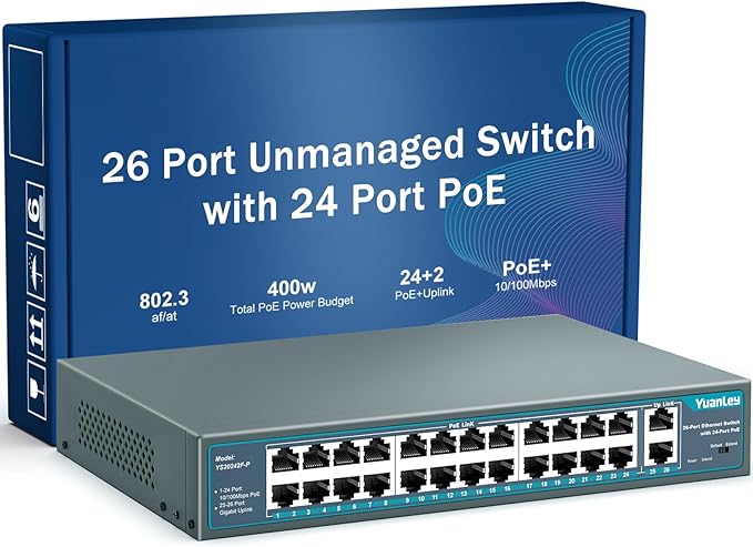 Yuanley 24 Port PoE Switch with 2 Gigabit Ethernet Uplink Port, Unmanaged 26 Port 802.3af/at 400W Power PoE+ Network Switch, Rackmount Plug and Play