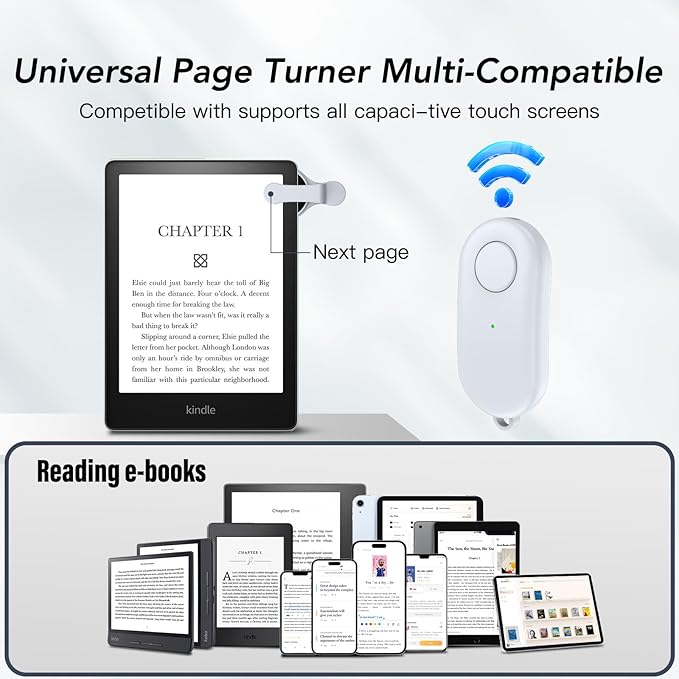 Remote Control Page Turner for Kindle Paperwhite Oasis Kobo eReaders,Kindle Clicker Page Turner Accessories for iPhone,iPad, Android Tablets Reading Novels,Video Record&Shutter Selfie (Light White)