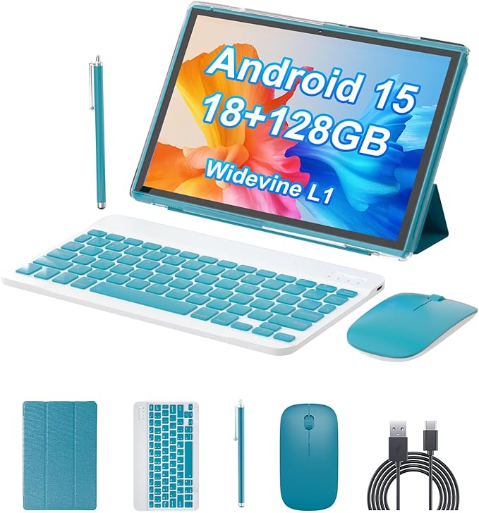 Android 15.0 10Inches Tablet, 18GB RAM+128GB ROM+2TB Expandable, Tab Set with Keyboard/Case/Mouse/Stylus, 2.0GHz Quad-core Processor, 1280 * 800 IPS HDScreen, 5G WiFi6 BT 5.0 (Blue)