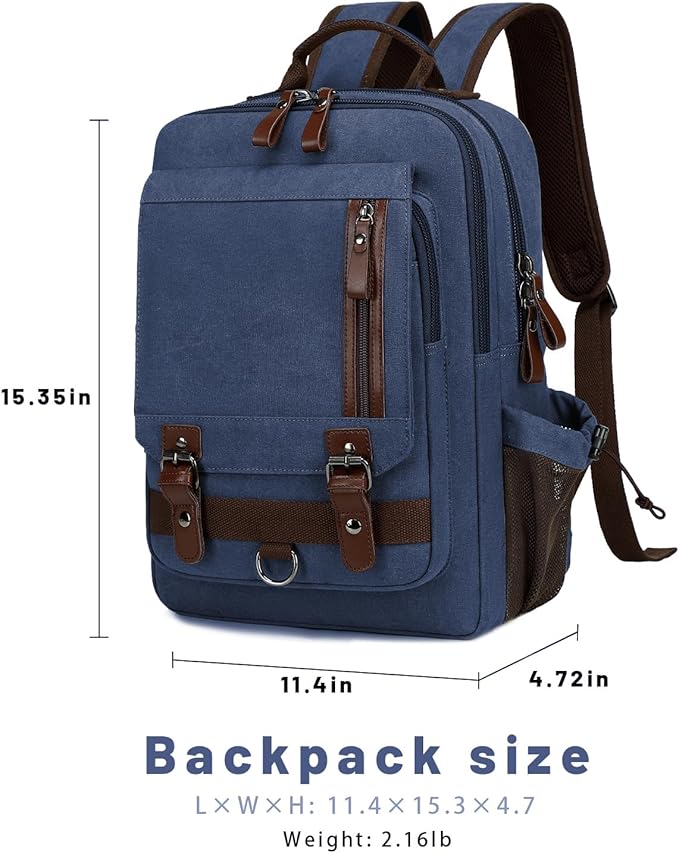 Lanola Water-resistant Canvas Backpack with Anti-Theft Pocket, Daypacks Fits 15.6 Inch Laptop for Men Perfect for Work, Travel, Daily Use(Dark Blue)