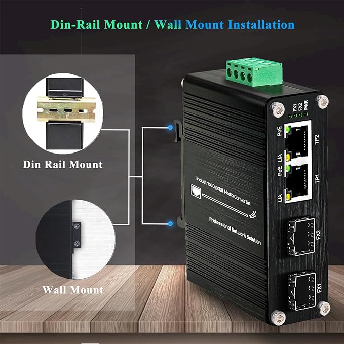 Mini 2-Port PoE Gigabit Ethernet Switch with Dual SFP Ports - Industrial-Grade Unmanaged Switch, 12~48VDC Input, 30W PoE+, Din-Rail or Wall Mount,Fast Connection,Plug and Play,Rugged Metal Case