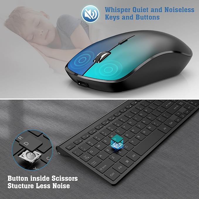 Rechargeable Wireless Keyboard and Mouse Combo- J JOYACCESS 2.4G Compact Quiet Slim Wireless Keyboard Mouse Combo for Laptop,PC,Desktop,Computer,Windows- Black