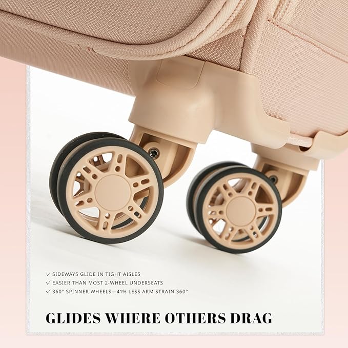 Verage 18x14x8in Spinner Underseat Carry-On Luggage -Airplane Personal Item Bag, USB A&C Charging Port, Padded Laptop Pocket & Wet/Dry Compartments for Women, Blush Pink