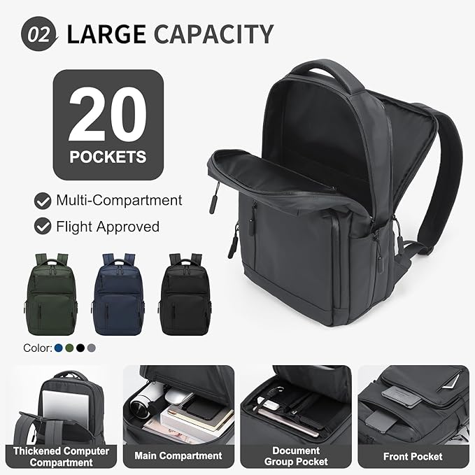 Waterproof Laptop Backpack for Men & Women, Flight Approved Anti-Theft Daypack with 15.6-inch Laptop Sleeve (Gray)
