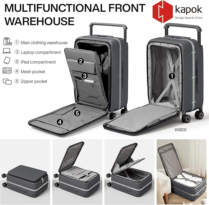 mixi Checked Luggage Wide Handle Luxury Design Rolling Travel Suitcase PC Hardside with Aluminum Frame Hollow Spinner Wheels, with Cover, 24 inch, Rock Grey