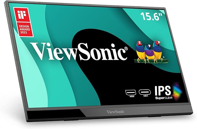 ViewSonic VX1655 15.6 Inch 1080p FHD Portable LED IPS Monitor with 2 Way Powered 60W USB C, Mini HDMI, Dual Speakers, and Built-in Stand with Tripod Mount,Black