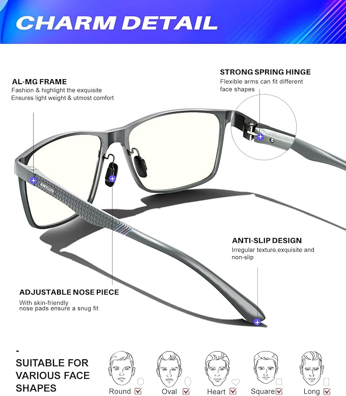 ANYLUV Blue Light Glasses Men, Relieve Eyestrain and Eye Protection, Al-Mg Metal Computer Blue Light Blocking Glasses