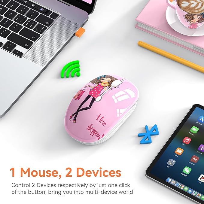 Cute Pink Wireless Mouse, Dual Mode, Bluetooth & 2.4GHz USB Receiver, Silent Clicks, AA-Battery Powered, Handy & Durable, for Kids, Girls, Students on Laptops, Mac, iPad, PC