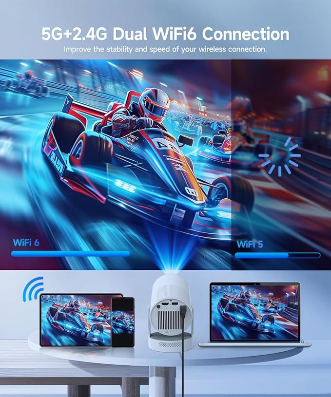 【Electric Focus】Mini Projector with WiFi 6 and Bluetooth 5.4, Smart Portable Projector 4k Support, 5W Soundbase Speaker, Auto Keystone 180° Rotation, Home Outdoor Movie Proyector HY300Ultra