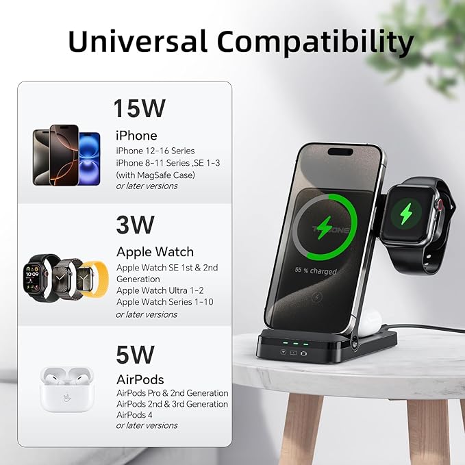 Wireless Charger, Tribone 3 in 1 Foldable Fast Charger for iPhone 17 16 15 14 13 12 11 Pro Max XR XS 8 Plus，for Apple Watch 10 9 8 7 6 5 4 3 2 SE Ultra,for AirPods Pro 4 3 2, Black