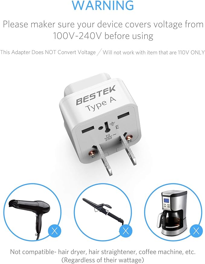 BESTEK Japan Travel Plug Adapter, Grounded Universal Type A Plug Adapter JP to US Adapter - Ultra Compact for US, Japan, China Phones, Laptops, Camera Chargers and More, 3 Pack
