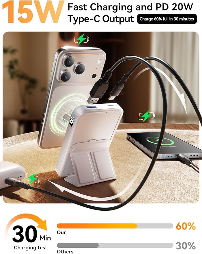 Magnetic Portable Charger, 10000mAh Wireless Power Bank with Leather Foldable Stand, USB-C 20W Fast Charging for Magsafe Battery Pack Compatible with iPhone Air/17/16/15/14 All Series
