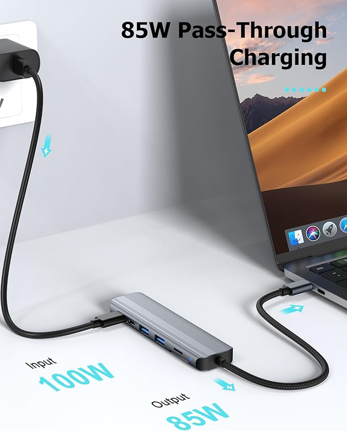USB C Hub Multiport Adapter for Laptop MacBook Air/Pro, Multiple Ports Dongle Dock with 4K HDMI, 100W PD, 2xUSB-A 3.0, USB-C Data Port, SD/TF Card Reader