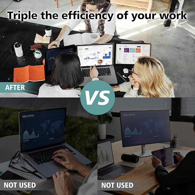 ROYY Laptop Screen Extender Triple Monitor - 14" 1080P Portable Monitor FHD Attachment Extra Screen Compatible with Windows Mac Dex Chrome Travel Work Fits 13-17" Laptops