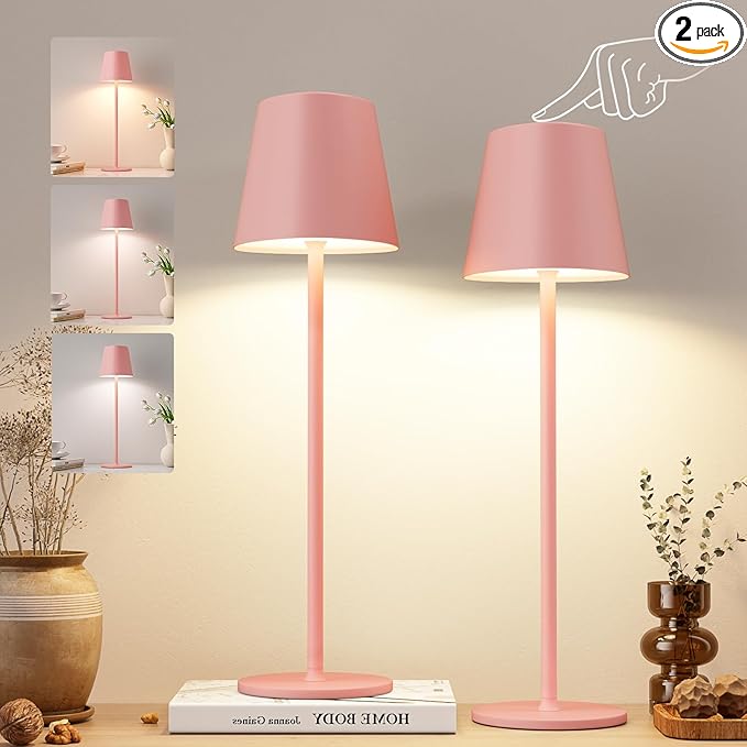 Kakanuo Pink Cordless Table Lamps, Rechargeable Lamp, Battery Operated Lamps, Touch Control Table Lamps, 3 Color Temperature, Stepless Dimmable, LED Portable Wireless Battery Lamp, Set of 2