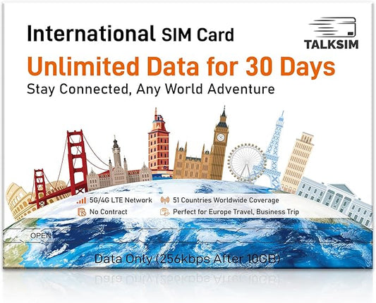 International Unlimited Data SIM Card 30 Days, 5G 4G LTE High Speed 10GB Data (After 256Kbps) for 51 Countries USA, UK, Europe, Asia, Oceania, for Unlocked WiFi Mobile Hotspot/Phones, No Contract