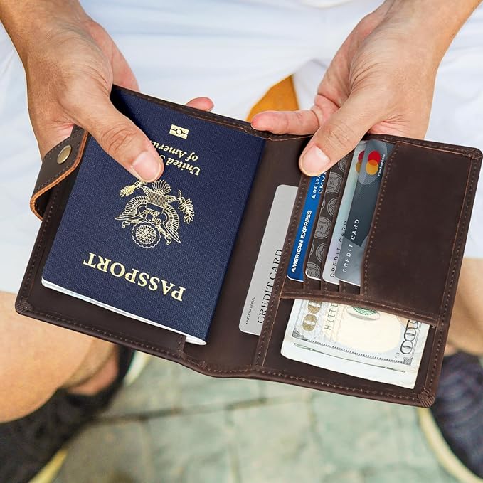 Polare Slim RFID Blocking Leather Passport Holder Travel Bifold Wallet For Men (Dark Brown(Snap Version))