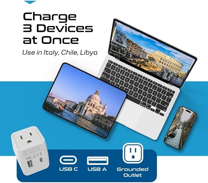 Ceptics Italy Travel Plug Adapter – Type L Italy Power Adapter with USB-C & A + USA Input –Compact, Safe Grounded for Phones, Laptops & More (CTU 12A)