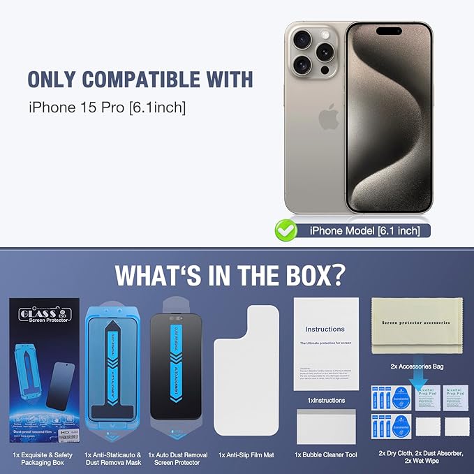 2-Pack Matte Privacy Screen Protector for iPhone 15 Pro, Anti-Glare Display Filter, No Bubbles, High Definition Clear, Easy Installation