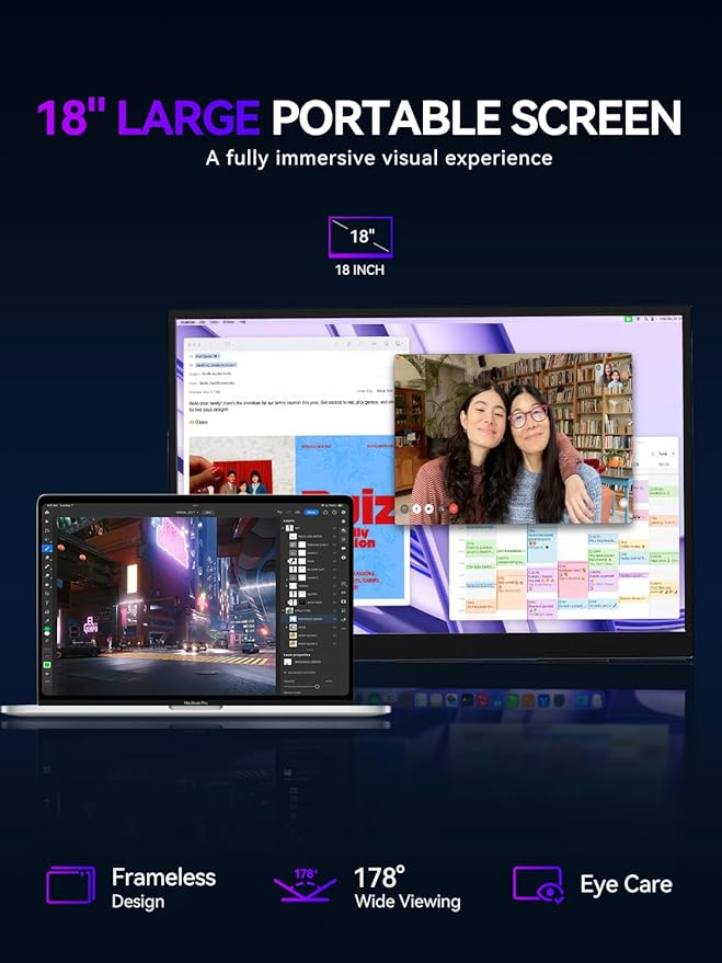 UPERFECT QLED Portable Monitor 2K 144HZ 18'' 100% DCI-P3 500Nits w/VESA & Stand 180° Adjustable Ultra-Slim & Lightweight Frameless FreeSync IPS HDR Gaming Display, Travel Second Monitor for Laptop