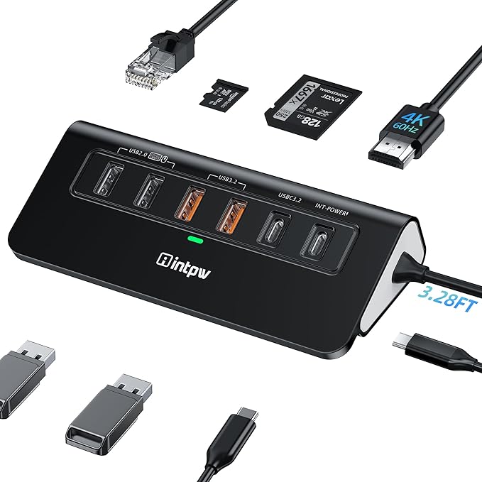 USB C Hub Ethernet, 10Gbps Laptop Docking Station 10-in-1, 4K@60Hz HDMI, 3 USB C/A 3.2 Data, LAN, 2 USB A 2.0, PD 100W, SD/TF Ports, 3.28FT Powered USB Hub for Laptop, PC, iPhone 16/15, Mac