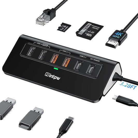 USB C Hub Ethernet, 10Gbps Laptop Docking Station 10-in-1, 4K@60Hz HDMI, 3 USB C/A 3.2 Data, LAN, 2 USB A 2.0, PD 100W, SD/TF Ports, 3.28FT Powered USB Hub for Laptop, PC, iPhone 16/15, Mac