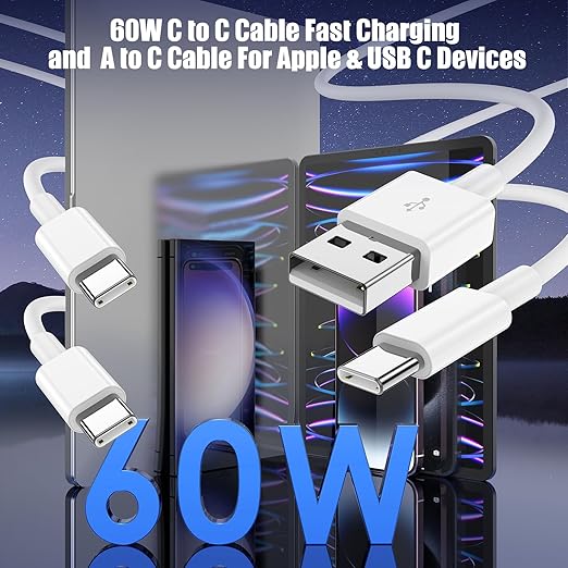 Car Carplay Cable for iPhone 17 16 15, 2-Pack 10FT 60W USB C to USB C Cable And 2-Pack 10FT USB A to USB C Cable for iPhone 17 16 15，for Galaxy S25 S24, for iPad Pro/Air, for MacBook Pro/Air and More
