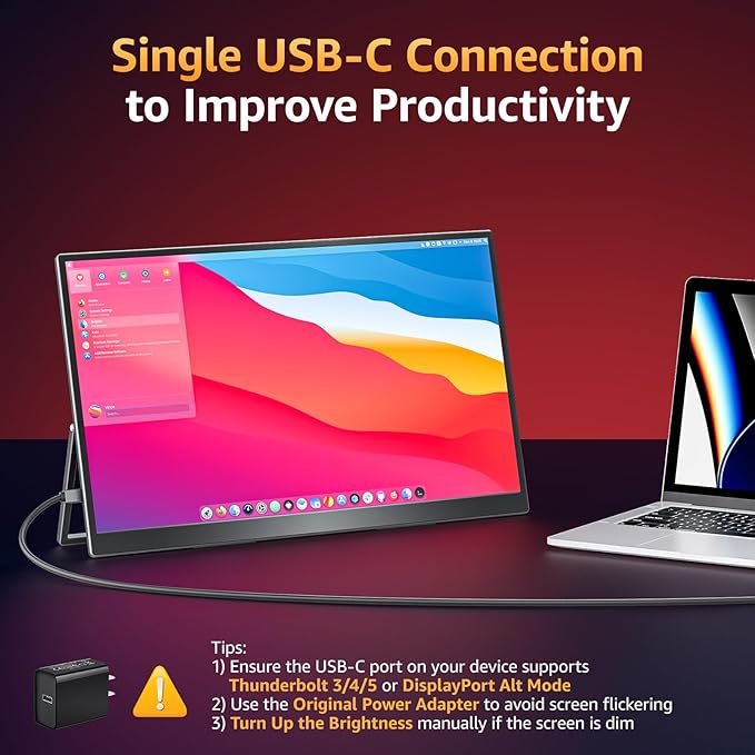 Large Portable Monitor 18.5 inch 1080P FHD 100Hz 125% sRGB HDMI USB-C Portable Computer Monitor for Laptop MacBook Xbox PS4/5, Travel External Monitor with Kickstand, VESA Compatible