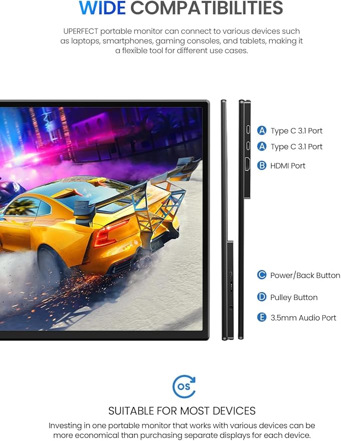 UPERFECT 21.5” 120HZ Touchscreen Portable Monitor w/Kickstand & VESA, Large Portable Gaming Monitor with HDMI Type C, External Display for Laptops, Steamdeck, MacBook, Phones, Mini PC