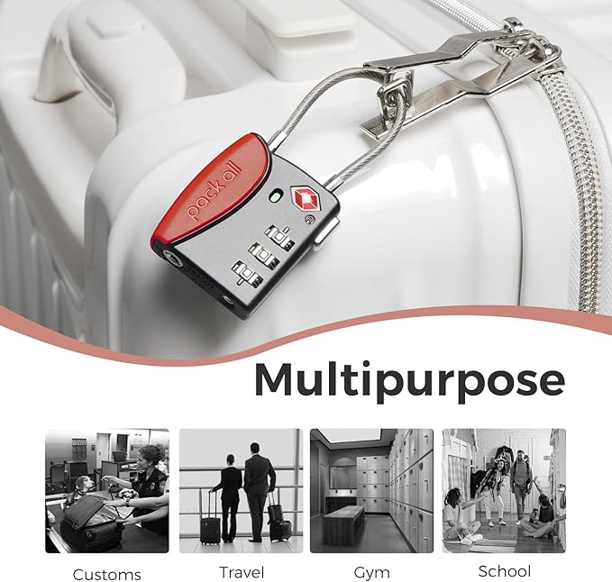 pack all TSA Approved Cable Luggage Locks, 3 Digit Combination Padlocks, Travel Lock for Suitcases & Bag, Alloy Body, Travel Accessories (4 Pack)（Red）