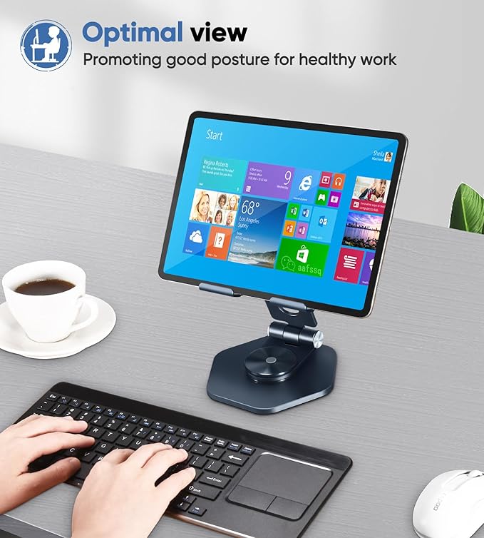 Foldable Aluminum Tablet Stand for Desk, 360° Swivel iPad & Tablet Holder – Portable & Stable Desktop Mount for 5–12.9in Devices, Dark Grey