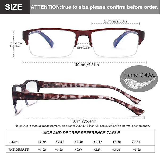 EYEURL 4-Pack Half Frame Blue Light Reading Glasses for Men Rectangle Semi Rimless Readers for Women Spring Hinge Eyeglasses