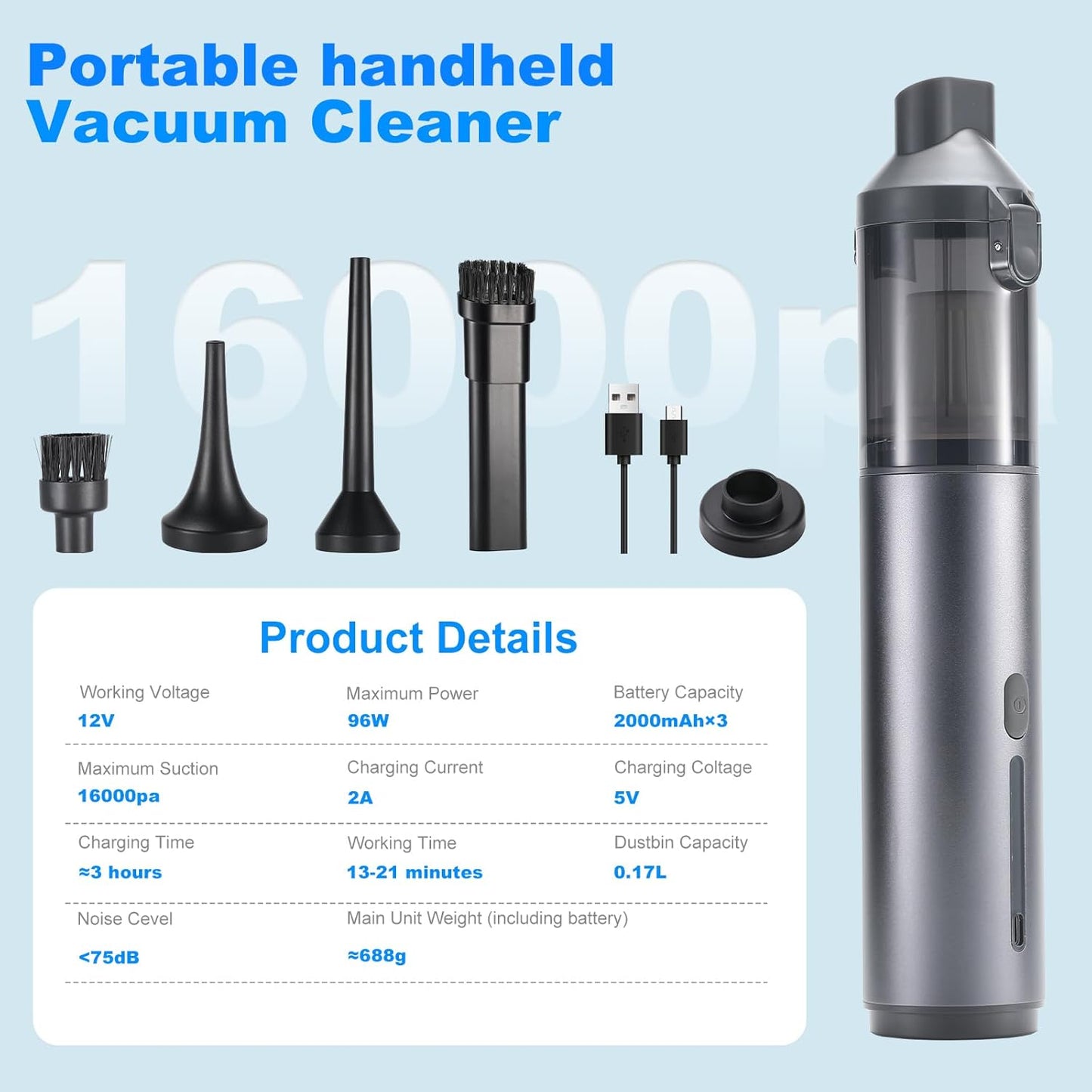 Mini Car Vacuum Cleaner, USB Charging, 4-in-1 Portable Handheld Cordless Vacuum Cleaner, 16,000pa Suction, 2 Suction Modes for Car, Home and Pet Hair