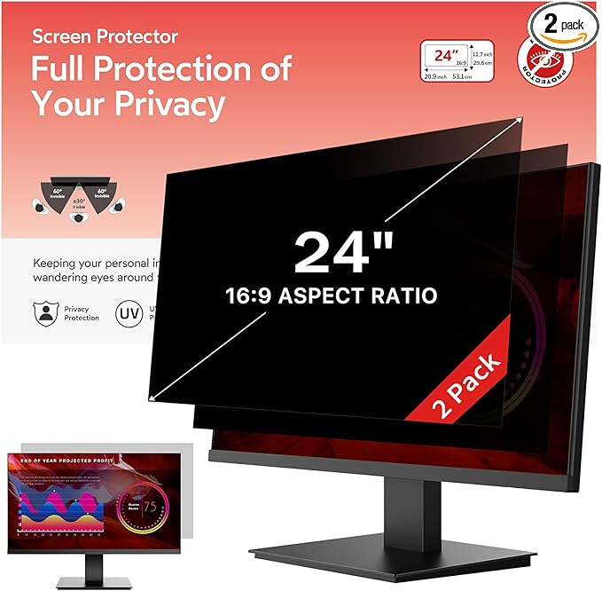 bersem 2 Pack 24 Inch Computer Privacy Screen for 16:9 Ratio Monitors, Anti-Glare, Blue Light Filter, Removable, UV-Blocking