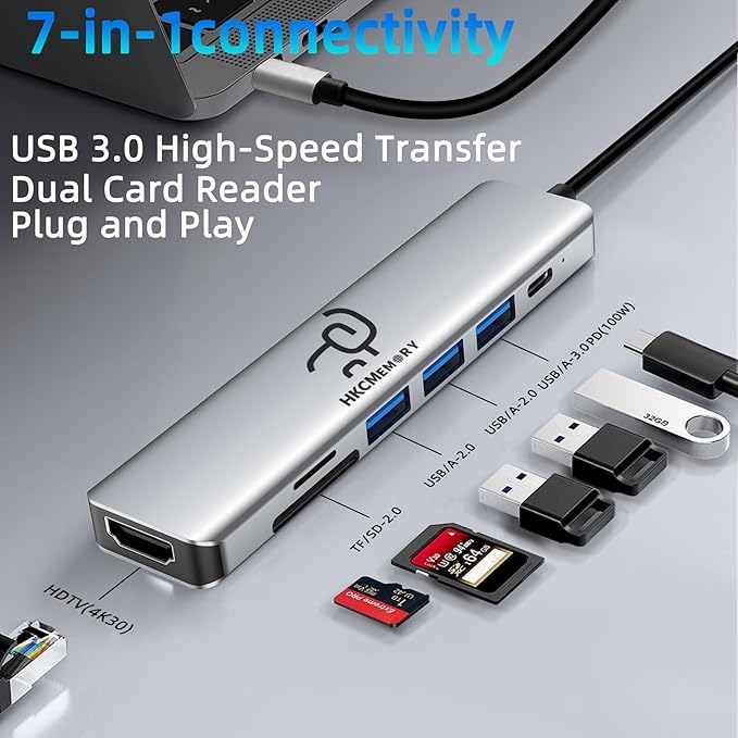 USB C Hub 7-in-1, 4K HDMI, 100W PD Charging, USB 3.0/2.0 Ports, SD/TF Reader, USB-C Data, for MacBook Pro/Air, iPad Pro, iPhone 16 Pro/Pro Max, Dell XPS, Steam Deck