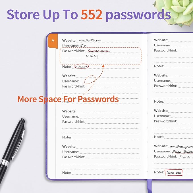 Password Book with Alphabetical Tabs, Password Keeper Book for Seniors, Hardcover Password Notebook for Individual & Colorful Tabs, Password Organizer for Website Logins, 5.3" x 7.7", Purple