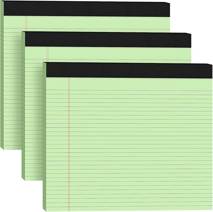 3 Pack Wide Legal Pads 11" x 9.5" (Landscape Format) Green College Ruled Note Pad Narrow Ruled 30 Sheets per Notepad Perforated Writing Paper with Thick Backboard Horizontal Pads of Paper