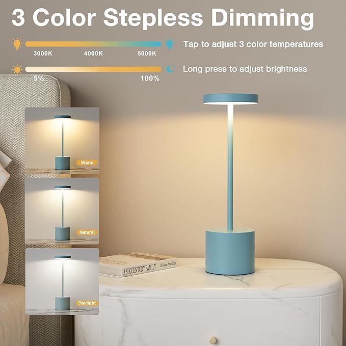 Kakanuo Blue Cordless Lamp, Rechargeable Lamp, Touch Control, 3 Color Temperature, LED Outdoor Wireless, Battery Operated Lamps, Stepless Dimmable, Set of 2