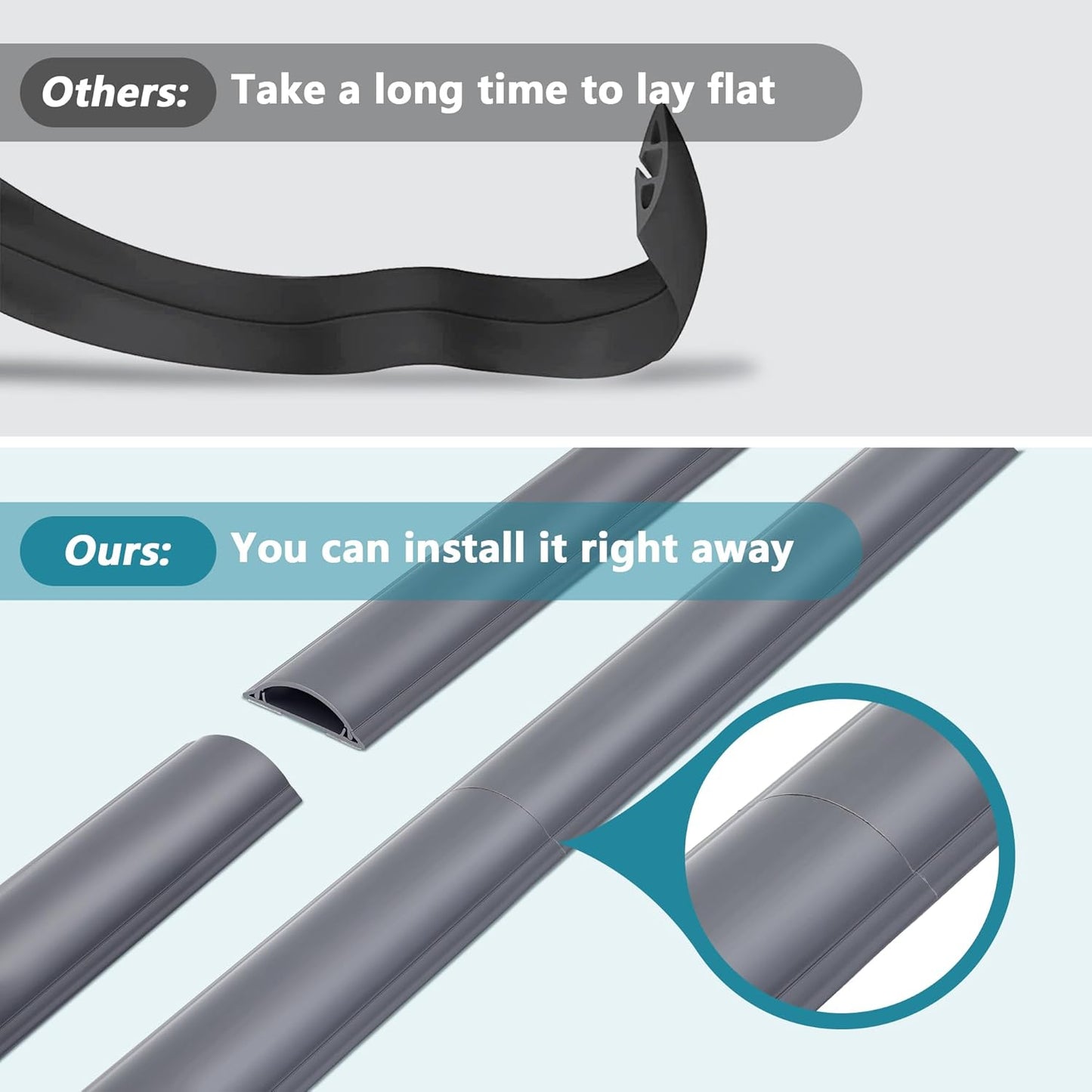 Cord Cover 6.6ft(2xL3.3Ft), Large Capacity Gray PVC Cord Hider - Hard Floor Wire Cover for Cable Management - 1.8" W x 0.6" H