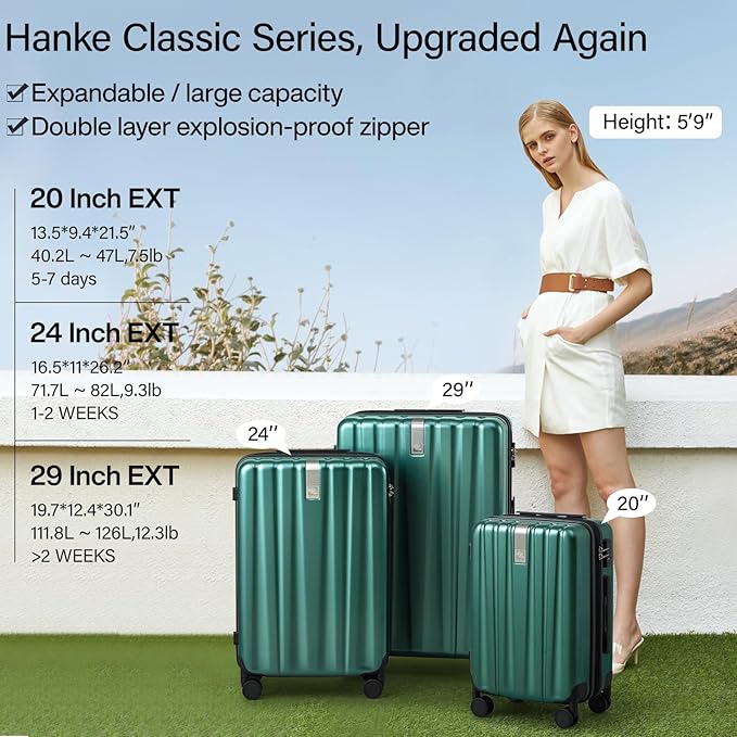 Hanke Expandable Hard Shell Luggage Sets 2 piece Carry on Luggage with Wheels Suitcases Lightweight Checked Travel Luggage Rolling Large Suitcase Travel Luggage Bag Woman Men 20/29 IN(Blackish Green)