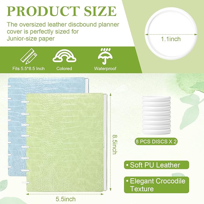 2 Pack Pu Leather 5.5x8.5in Discbound Notebook Cover And Disc Set Discbound Planner Cover With 16 Pcs Expansion Discs Junior Size Disc Bound Notebook Accessories(Blue&Green;No Inner Paper)
