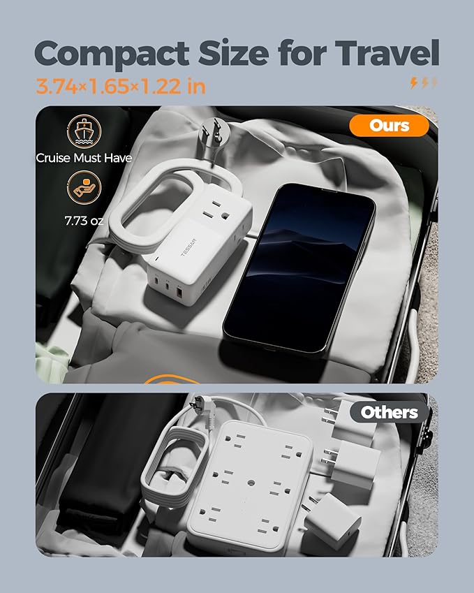 TESSAN USB Charging Station PD 30W, Flat Plug USB C Charger Blocks with 3 AC Outlets, Desktop Phone Fast Charger with 5FT Extension Cord for Phone Tablet Laptop, Travel, Office