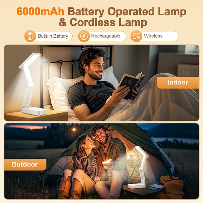 Rechargeable Lamps Cordless Lamps,6000mAh Battery Powered Lamp,3 Colors+Dimmable Desk Light,Rechargeable Table Lamp with USB Charging Port+45min-Timer,Wireless & Portable Light,Battery Operated Lights
