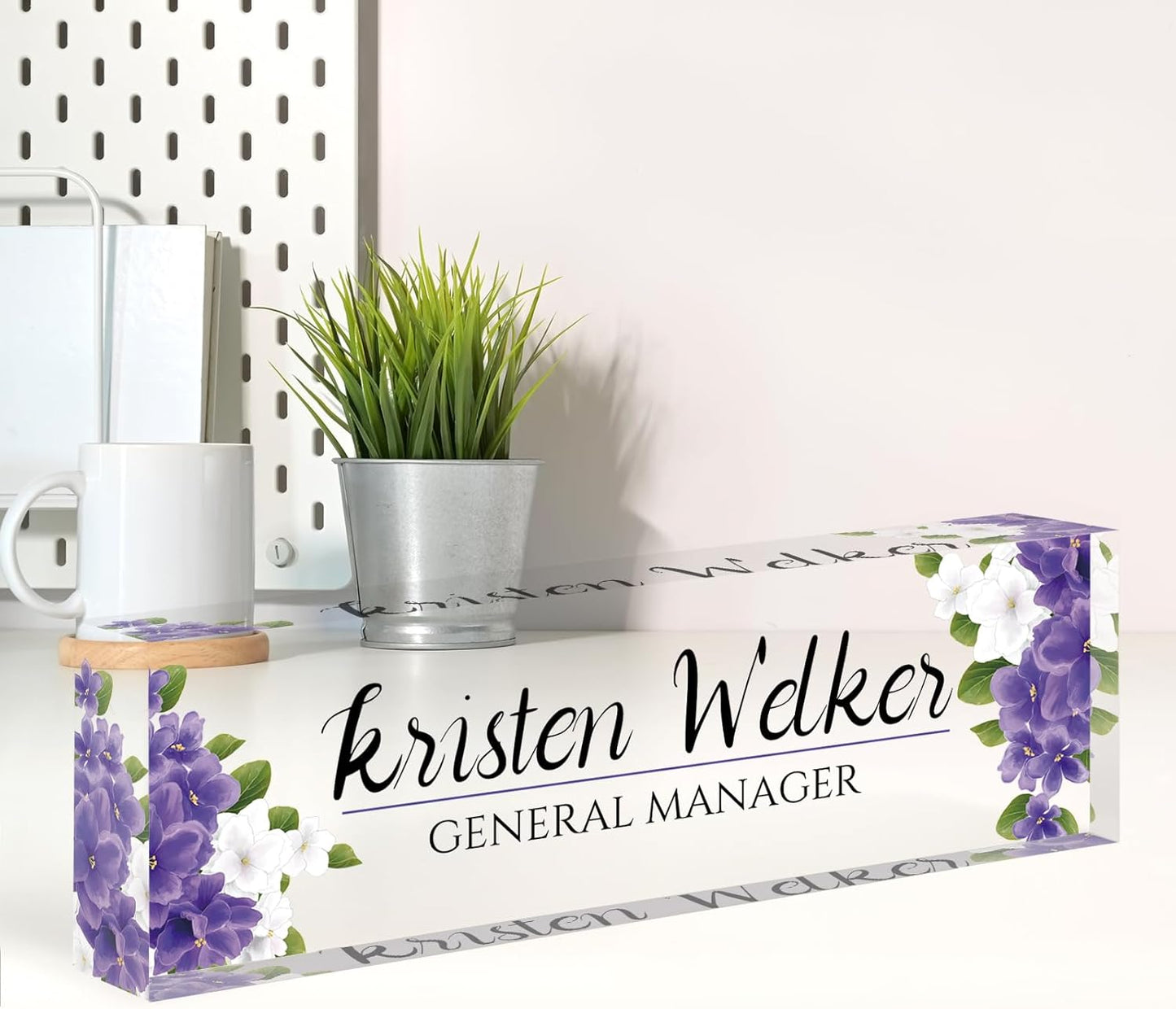 Custom Name Plate for Desk, Desk Name Plate Personalized, Office Decor for Women, Acrylic Desktop Accessories, Office Appreciation Gifts for Boss Social Workers Nurse Teacher Employee(Purple Flowers)