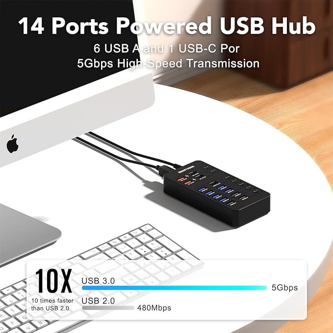 Powered USB Hub,14 Ports USB Data Hub Splitter with 6 USB 3.0 Port,4 Charging Port,1 USB-C 3.0 Data Port,1 PD 60W Charging Port w LED Individual On/Off Switches for MacBook,Mac Pro,Laptop/PC