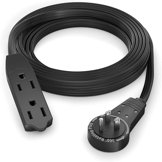 Maximm Cable 10 Ft 360° Rotating Flat Plug Extension Cord/Wire, 16 AWG Multi 3 Outlet Extension Wire, 3 Prong Grounded Wire - Black - UL Certified